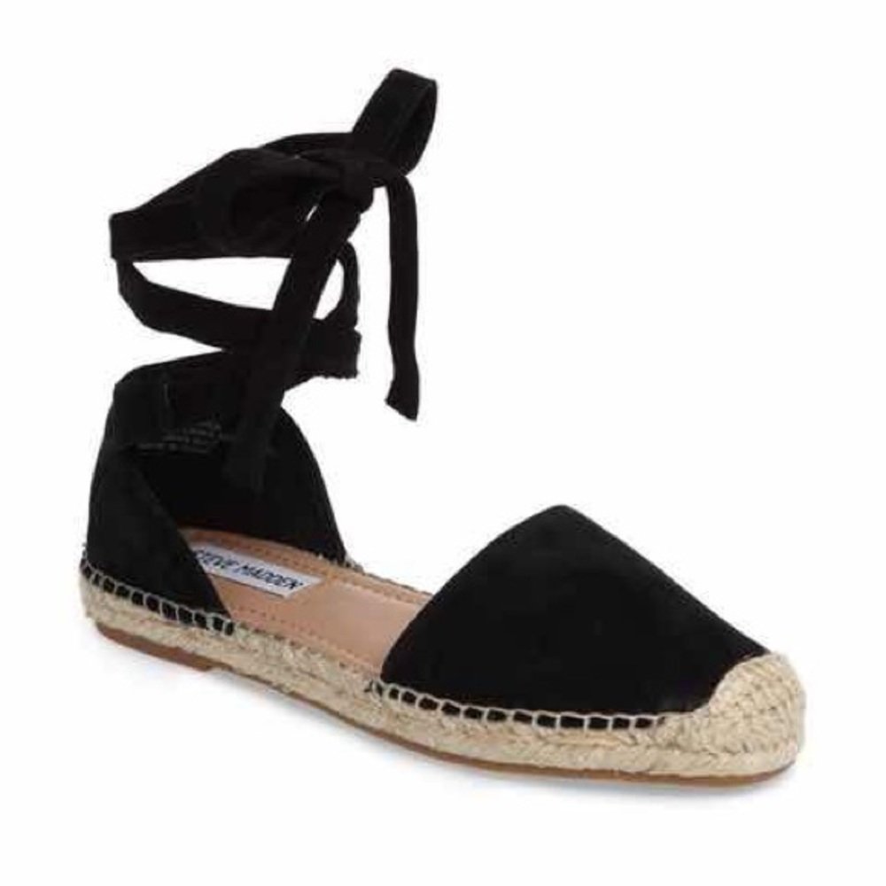 Steve Madden Black Rosette Ankle Wrap Espadrille